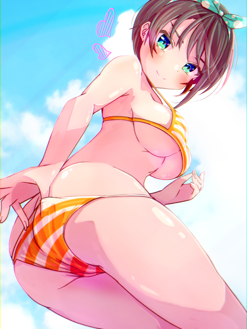1girl, armpits, arms_up, ass, beach, bikini, blue_eyes, blue_sky, blush, breasts, brown_hair, butt_crack, cleavage, closed_mouth, cloud, cloudy_sky, collarbone, commentary, from_below, hairband, heart, highres, hololive, large_breasts, looking_at_viewer, official_alternate_costume, oozora_subaru, oozora_subaru_(hololive_summer_2019), orange_bikini, outdoors, qwq_oekaki, shiny_skin, short_hair, sideboob, sidelocks, sky, smile, smug, solo, standing, striped_bikini, striped_clothes, swept_bangs, swimsuit, thighs, underboob, virtual_youtuber, white_bikini