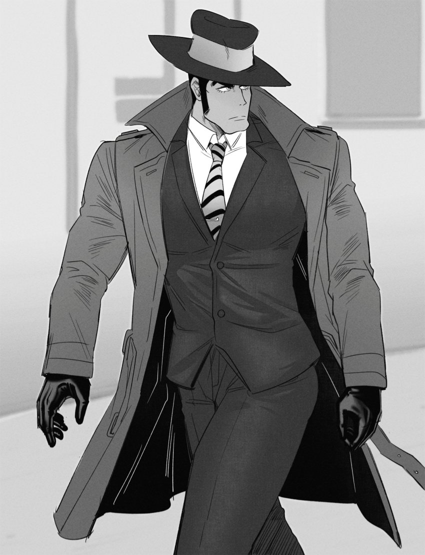 1boy, arsene_lupin_iii, coat, collared_coat, feet_out_of_frame, gloves, greyscale, hat, highres, kon_likes_corn, long_sideburns, looking_at_another, lupin_iii, male_focus, manly, mature_male, monochrome, muscular, muscular_male, necktie, open_clothes, open_coat, pants, pectorals, shirt, sideburns, simple_background, solo, thighs, walking