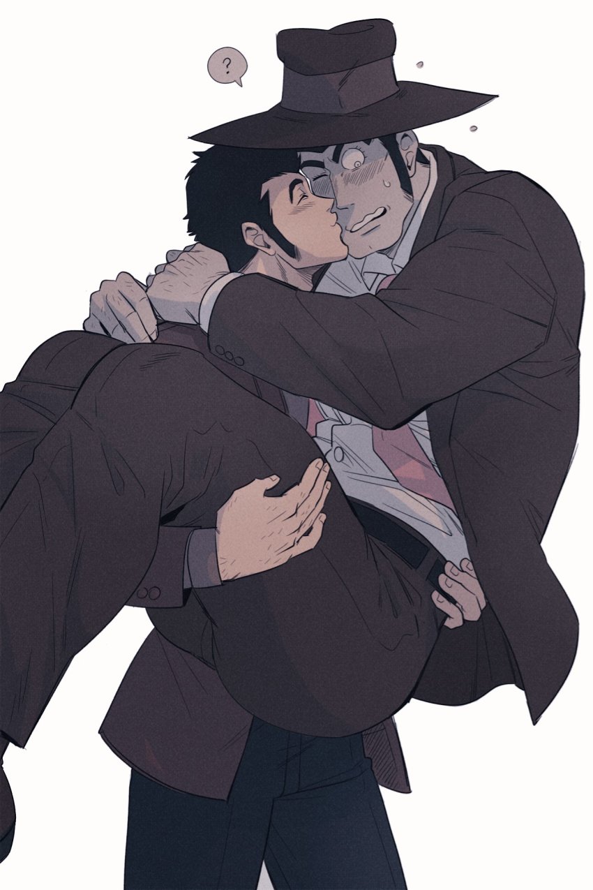 2boys, arsene_lupin_iii, belt, black_hair, blush, closed_eyes, coat, hat