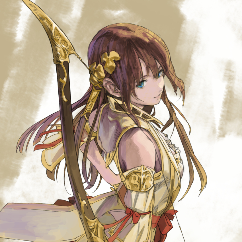 1girl, aya_(infinite_undiscovery), blue_eyes, bow_(weapon), brown_hair, closed_mouth, detached_sleeves, hair_ornament