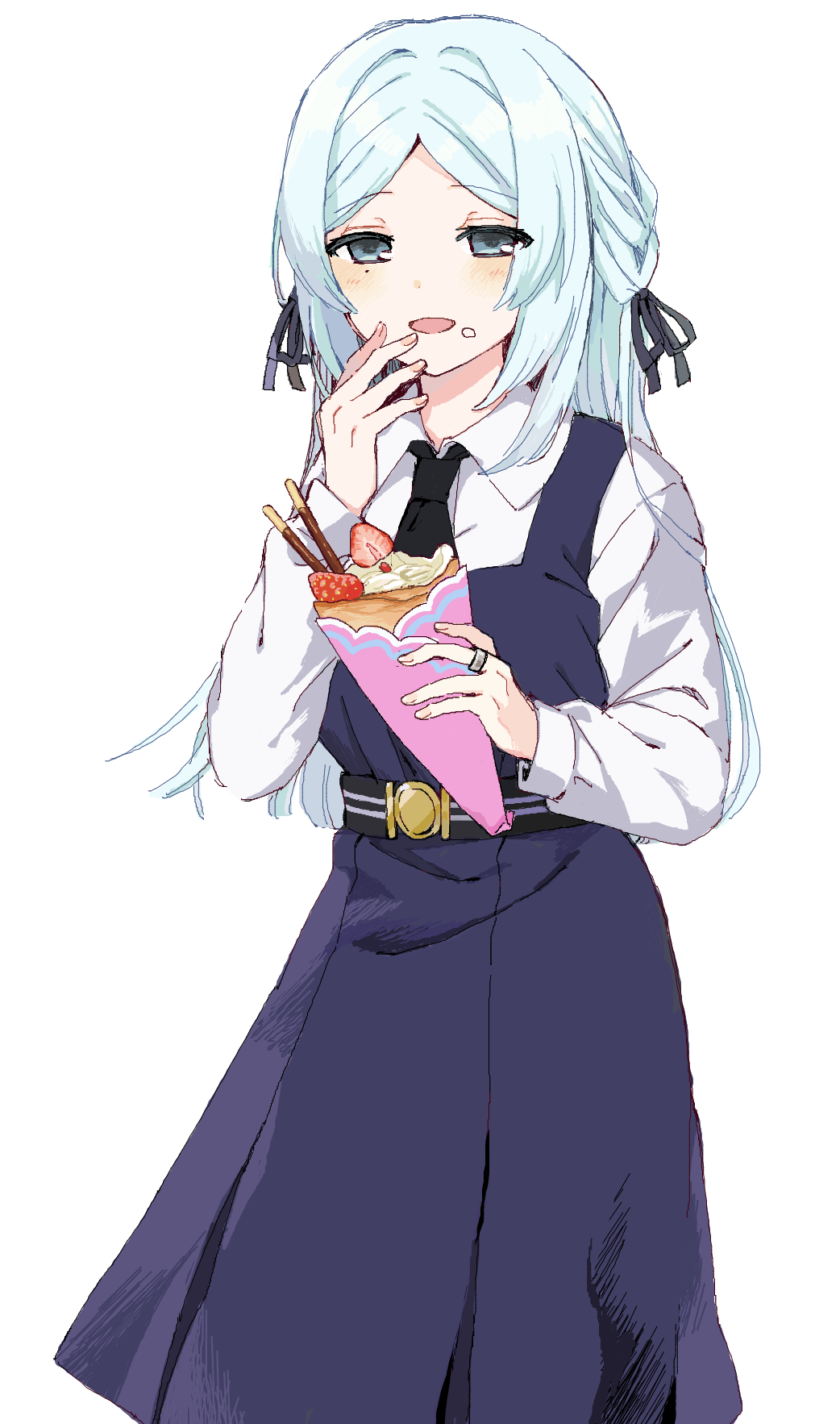 1girl, belt, black_necktie, blue_belt, blue_dress, blue_eyes, blue_hair, blue_ribbon