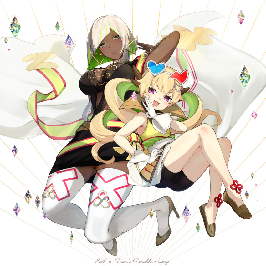 2girls, :3, animal_print, asymmetrical_eyewear, breasts, cleavage, commentary_request, dark-skinned_female