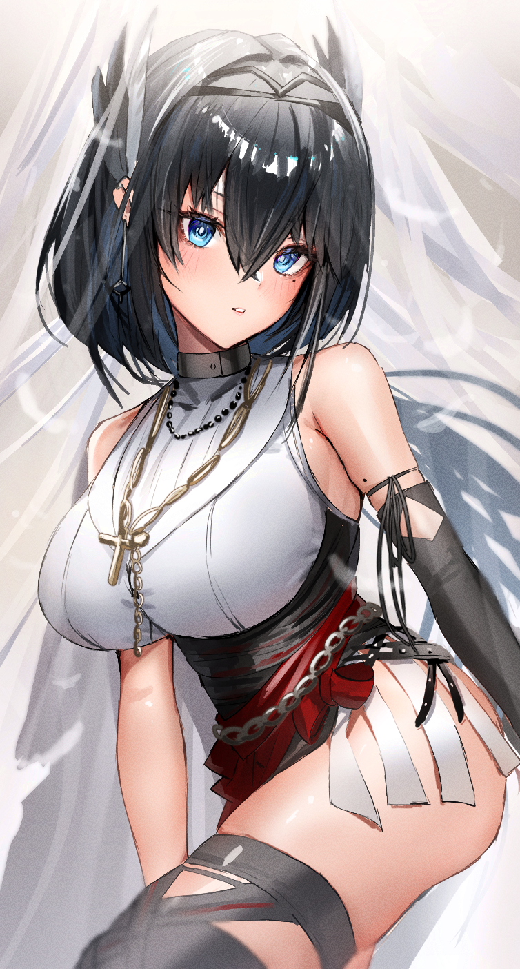 1girl, arknights, bare_shoulders, black_gloves, black_hair, black_hairband, black_thighhighs, blue_eyes