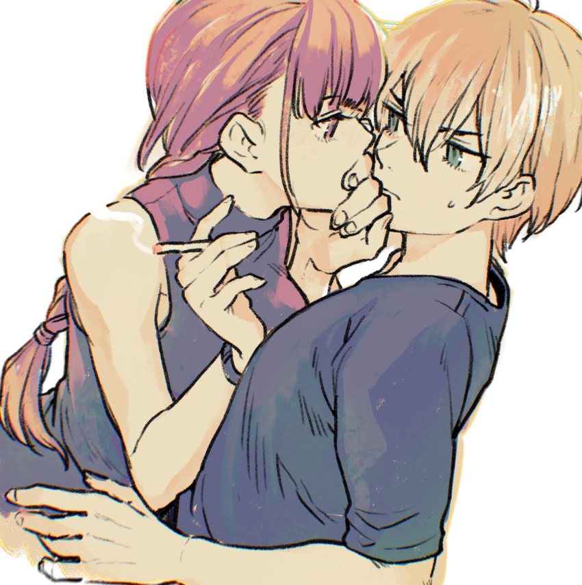 1boy, 1girl, blonde_hair, braid, breasts, cigarette, closed_mouth, gensou_suikoden