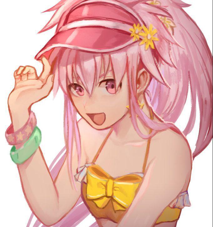 1girl, arche_klein, arche_klein_(summer), bracelet, earrings, flower, hair_flower, hair_ornament, hat, jewelry, long_hair, looking_at_viewer, penguu_(green528), pink_eyes, pink_hair, ponytail, simple_background, smile, solo, star_(symbol), star_earrings, swimsuit, tales_of_(series), tales_of_phantasia, white_background