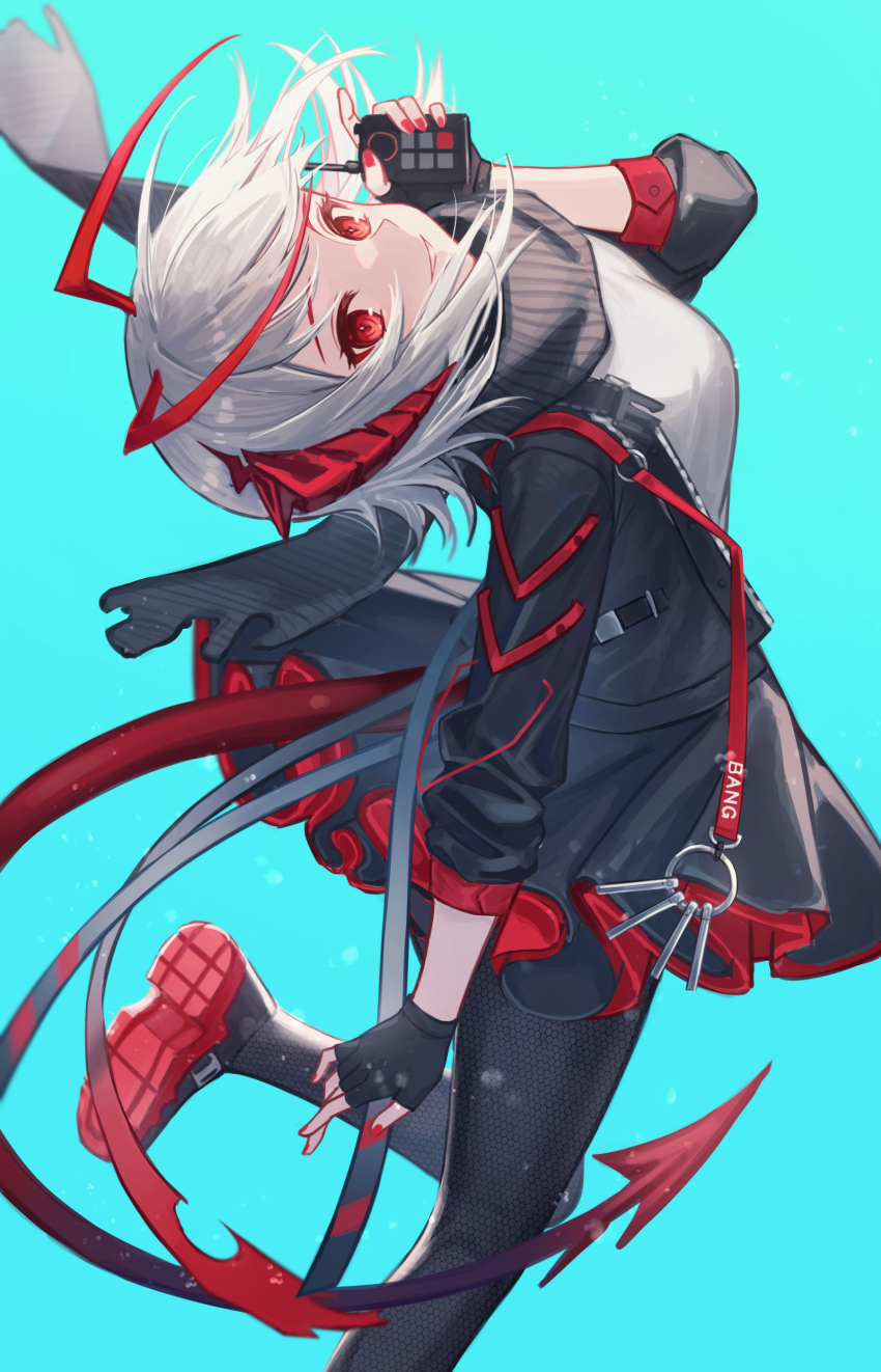 1girl, absurdres, antenna_hair, aqua_background, arknights, black_footwear, black_gloves, black_jacket