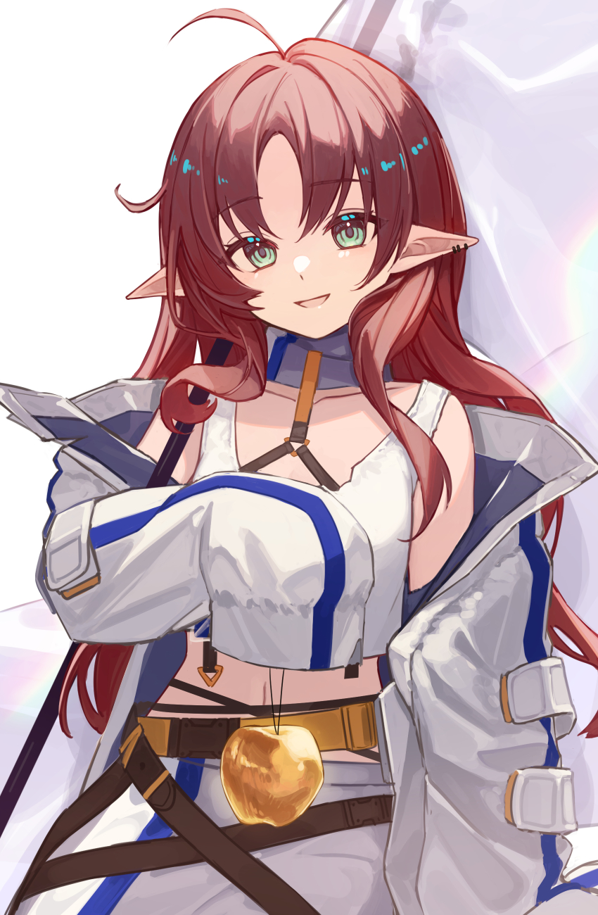 1girl, absurdres, ahoge, apple, arknights, banner, belt, blue_scarf