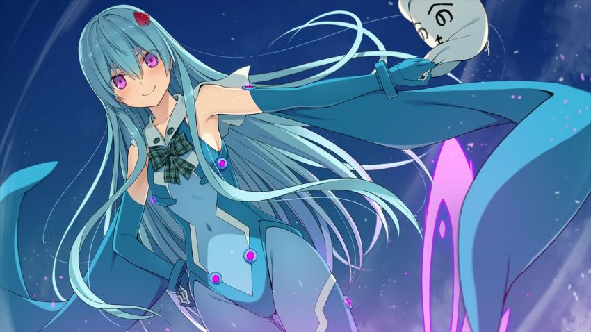 1girl, ao_no_kanata_no_four_rhythm, blue_bodysuit, blue_gloves, blue_hair, blue_sky, blush, bodysuit