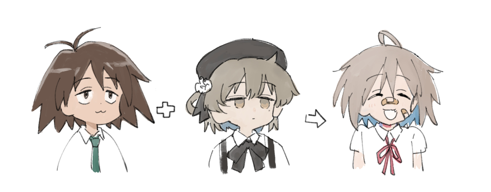 3girls, :3, ahoge, antenna_hair, arrow_(symbol), asasow, bandaid, bandaid_on_face, bandaid_on_nose, beret, black_bow, black_headwear, blush, bow, brown_eyes, brown_hair, closed_eyes, collared_shirt, do_it_yourself!!, green_necktie, half-closed_eyes, hat, hatoba_tsugu, kurihara_nagisa, multiple_girls, necktie, open_mouth, plus_sign, red_ribbon, ribbon, school_uniform, shirt, short_hair, short_sleeves, simple_background, sketchbook_full_colors, smile, suspenders, tsugu_(vtuber), virtual_youtuber, white_background, white_shirt, yua_serufu