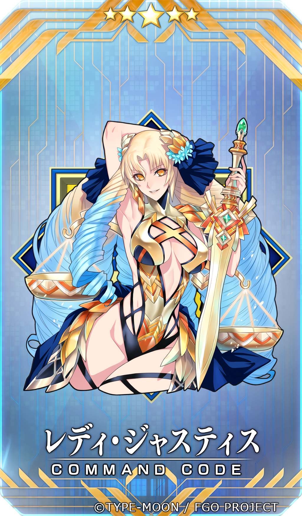 1girl, arm_behind_head, armpits, astraea_(fate), balance_scale, ban!_(bansankan), blonde_hair, blue_hair, breasts, cleavage, command_code, drill_hair, fate/grand_order, fate_(series), grin, hair_ornament, highres, holding, holding_sword, holding_weapon, large_breasts, long_hair, looking_at_viewer, multicolored_hair, official_art, revealing_clothes, sleeveless, smile, solo, sword, two-tone_hair, very_long_hair, weapon, weighing_scale, yellow_eyes