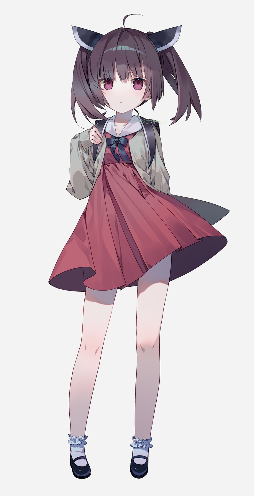 1girl, ahoge, backpack, bag, black_footwear, blush, brown_hair, closed_mouth