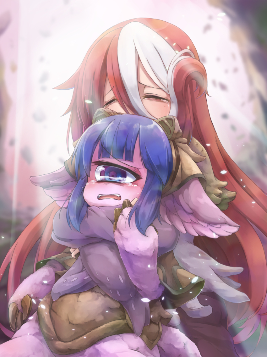 2girls, animal_ears, bags_under_eyes, blue_eyes, blue_hair, blunt_bangs, blurry, blurry_background, brown_capelet, brown_headwear, brown_shirt, capelet, claws, closed_eyes, commentary_request, cowboy_shot, crying, cyclops, day, falling_petals, furry, hand_on_another's_arm, hand_up, hat, hidarikata, highres, hug, hug_from_behind, light_beam, long_hair, made_in_abyss, multicolored_eyes, multicolored_hair, multiple_girls, one-eyed, open_mouth, outdoors, pakkoyan, petals, purple_eyes, purple_fur, red_hair, shirt, short_hair, sidelocks, streaked_hair, tearing_up, tears, very_long_hair, vueko, white_hair