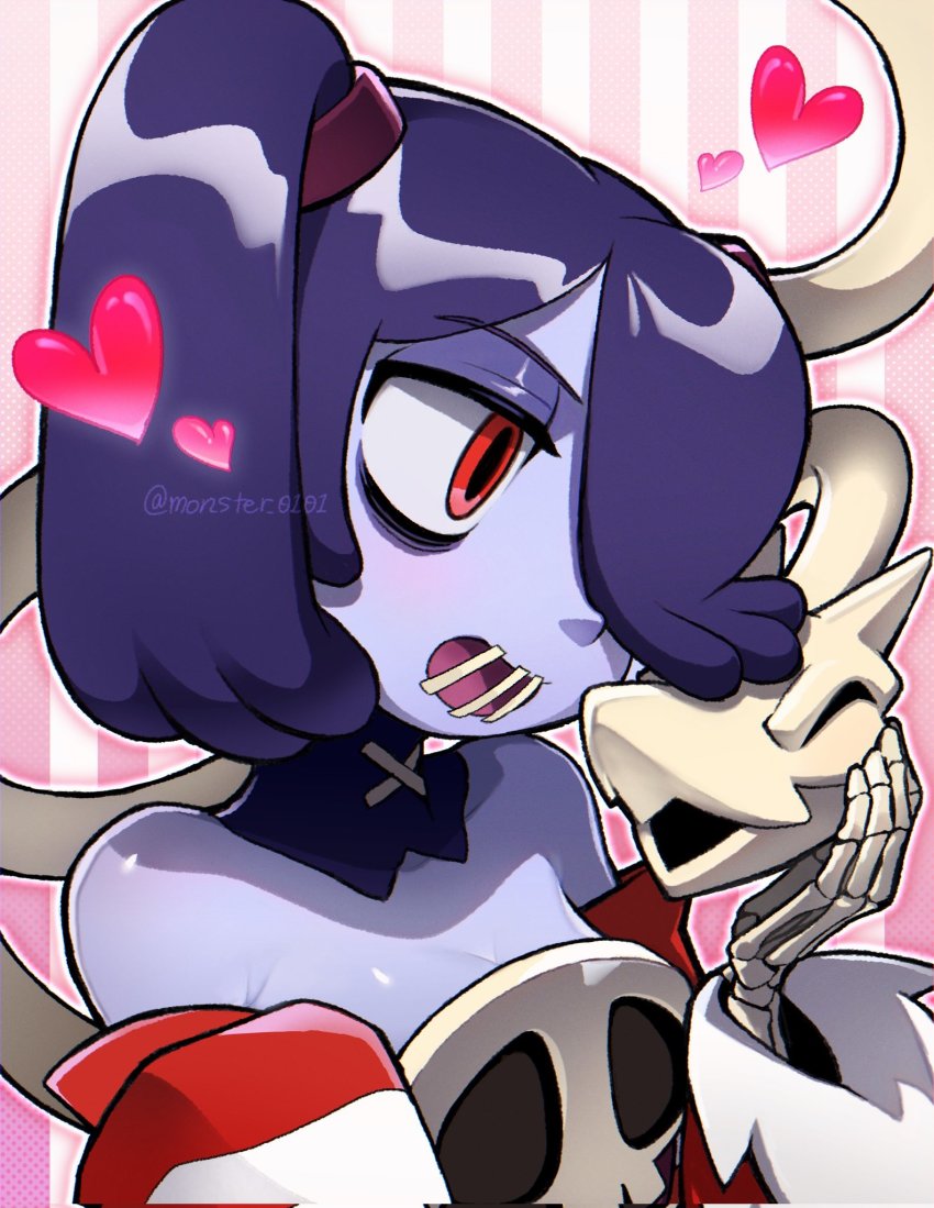 1girl, blue_hair, blue_skin, colored_skin, cuddling, detached_collar, hair_over_one_eye, heart