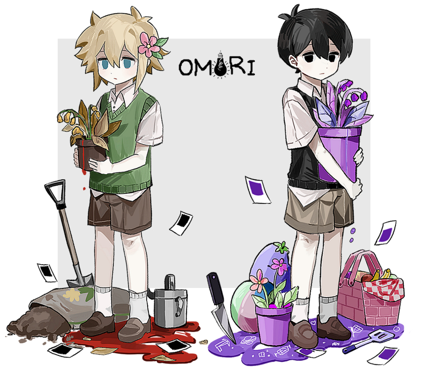 2boys, basil_(faraway)_(omori), basil_(omori), black_eyes, black_hair, black_vest, blonde_hair, blood