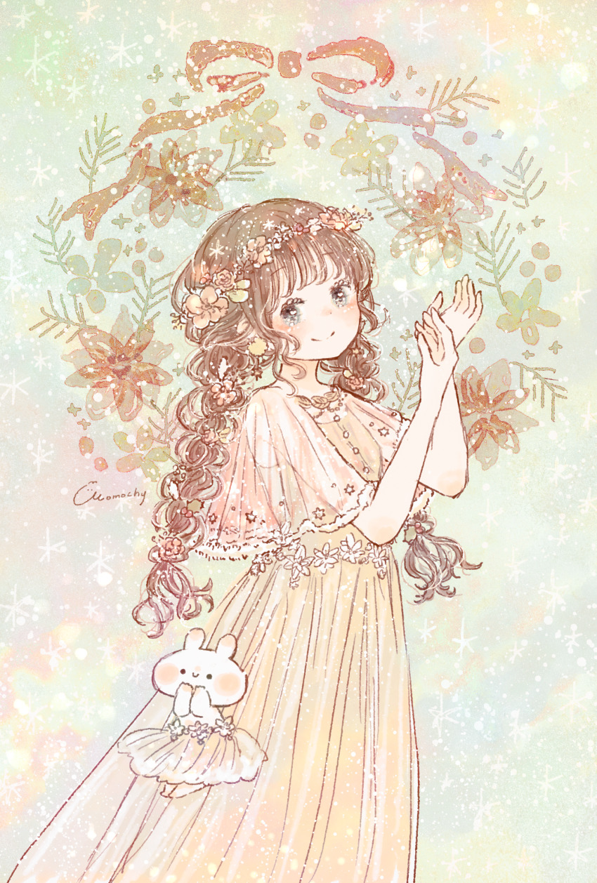 1girl, blunt_bangs, braid, brown_hair, christmas, curly_hair, dress, floral_print