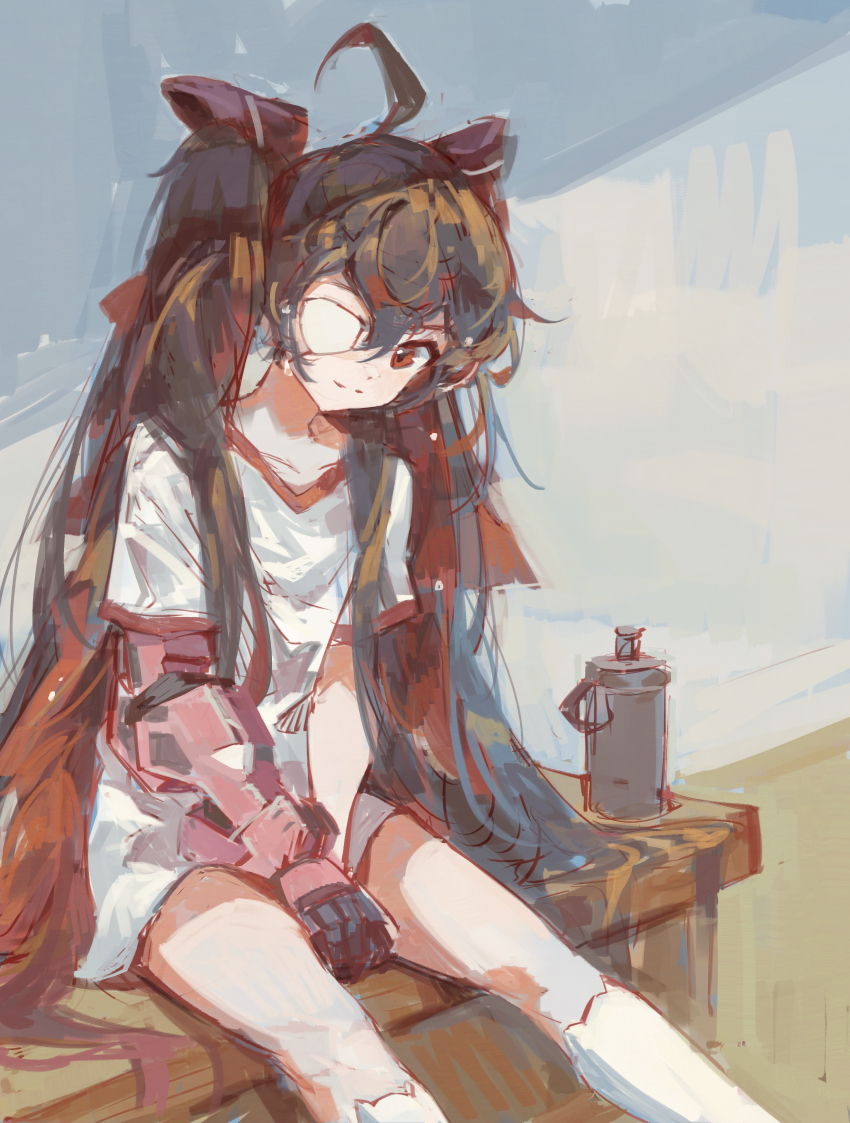 1girl, absurdres, ahoge, alchemy_stars, bench, bottle, brown_hair, clarenceman0605, closed_mouth, eve_(alchemy_stars), eve_(rediesel_wrench_treasure)_(alchemy_stars), eyepatch, feet_out_of_frame, highres, kneehighs, long_hair, long_sleeves, mechanical_arms, prosthesis, prosthetic_arm, red_eyes, red_shirt, shirt, short_sleeves, single_mechanical_arm, sitting, socks, solo, split_mouth, twintails, v-neck, v_arms, water_bottle, white_socks