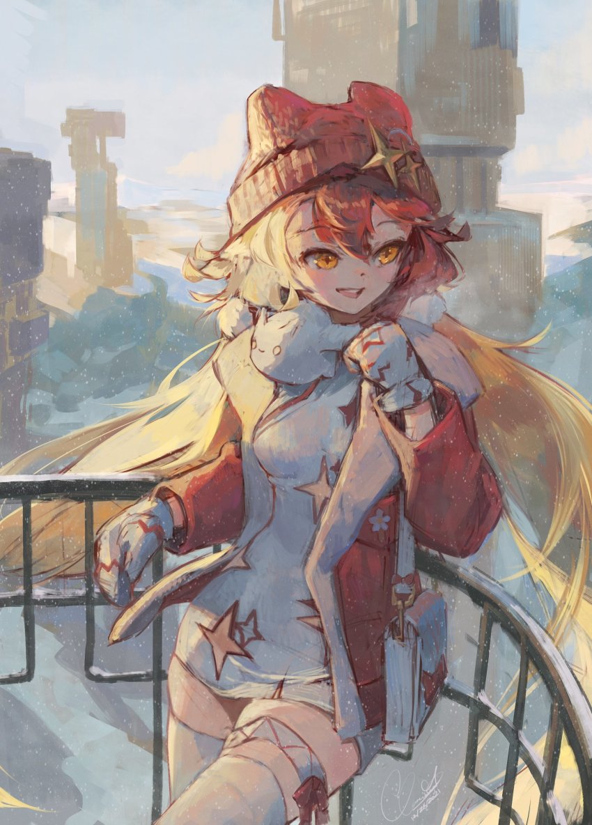 +_+, 1girl, against_railing, alchemy_stars, bag, beanie, blonde_hair, blush
