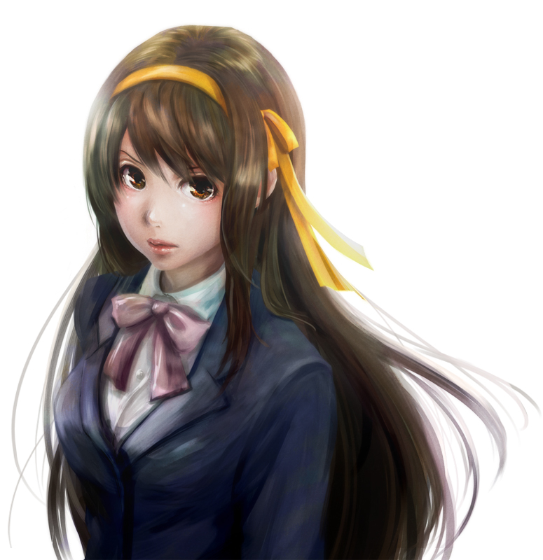 10s, 1girl, alternate_costume, alternate_hairstyle, bow, brown_eyes, brown_hair, female_focus, hair_ribbon, hairband, kaja, kouyouen_academy_school_uniform, lips, long_hair, looking_at_viewer, official_alternate_hair_length, official_alternate_hairstyle, ribbon, school_uniform, simple_background, solo, suzumiya_haruhi, suzumiya_haruhi_no_shoushitsu, suzumiya_haruhi_no_yuuutsu