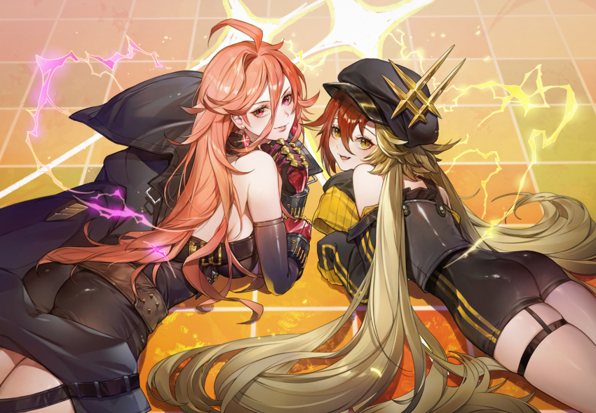 2girls, ahoge, alchemy_stars, ass, bare_shoulders, belt, black_bodysuit, black_coat, black_headwear, blonde_hair, bodysuit, breasts, coat, collar, earrings, electricity, fang, glint, gronru_(alchemy_stars), hair_between_eyes, hair_spread_out, hat, jewelry, lips, long_hair, long_sleeves, looking_at_viewer, looking_back, low_twintails, lying, medium_breasts, multicolored_hair, multiple_girls, off_shoulder, ogyue, on_stomach, open_mouth, parted_lips, red_eyes, red_hair, sleeves_past_fingers, sleeves_past_wrists, smile, strap_slip, thigh_strap, tile_floor, tiles, twintails, two-tone_hair, wrath_(alchemy_stars), yellow_eyes
