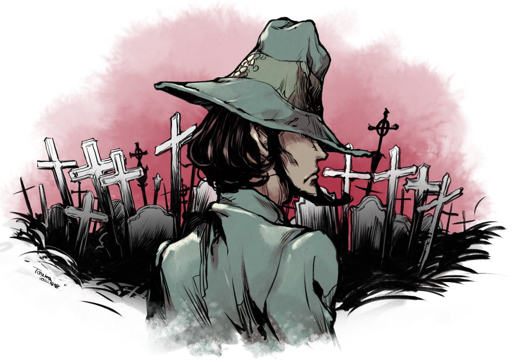 1boy, beard, black_hair, border, closed_mouth, covered_eyes, cropped_torso, cross, facial_hair, from_behind, graveyard, green_hat, green_jacket, hat, jacket, jigen_daisuke, jigen_daisuke_no_bohyou, latin_cross, long_sleeves, lupin_iii, male_focus, outdoors, red_background, short_hair, solo, tombstone, touka_(akira_nogi), upper_body, white_border