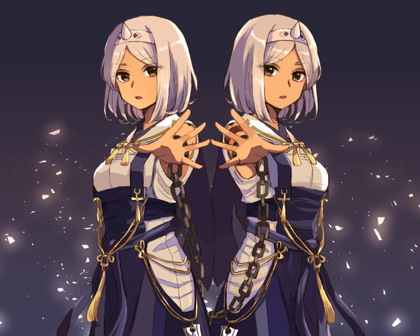 2girls, ainu_clothes, aquaplus, arms_up, breasts, brown_eyes, chain, chained