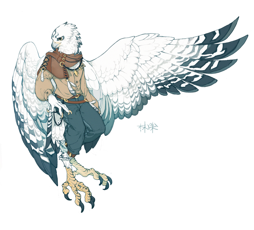 1boy, absurdres, arm_at_side, artist_name, beak, belt, bird_boy, bird_legs