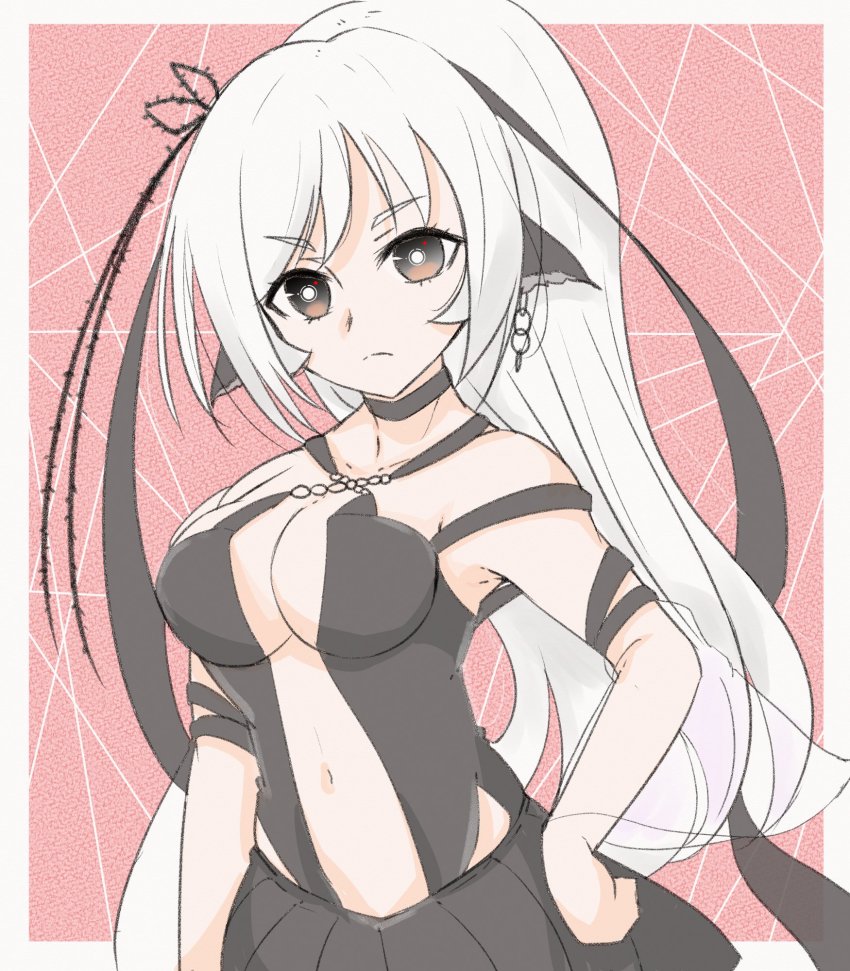 1girl, animal_ears, aquaplus, black_eyes, breasts, bright_pupils, chain, choker