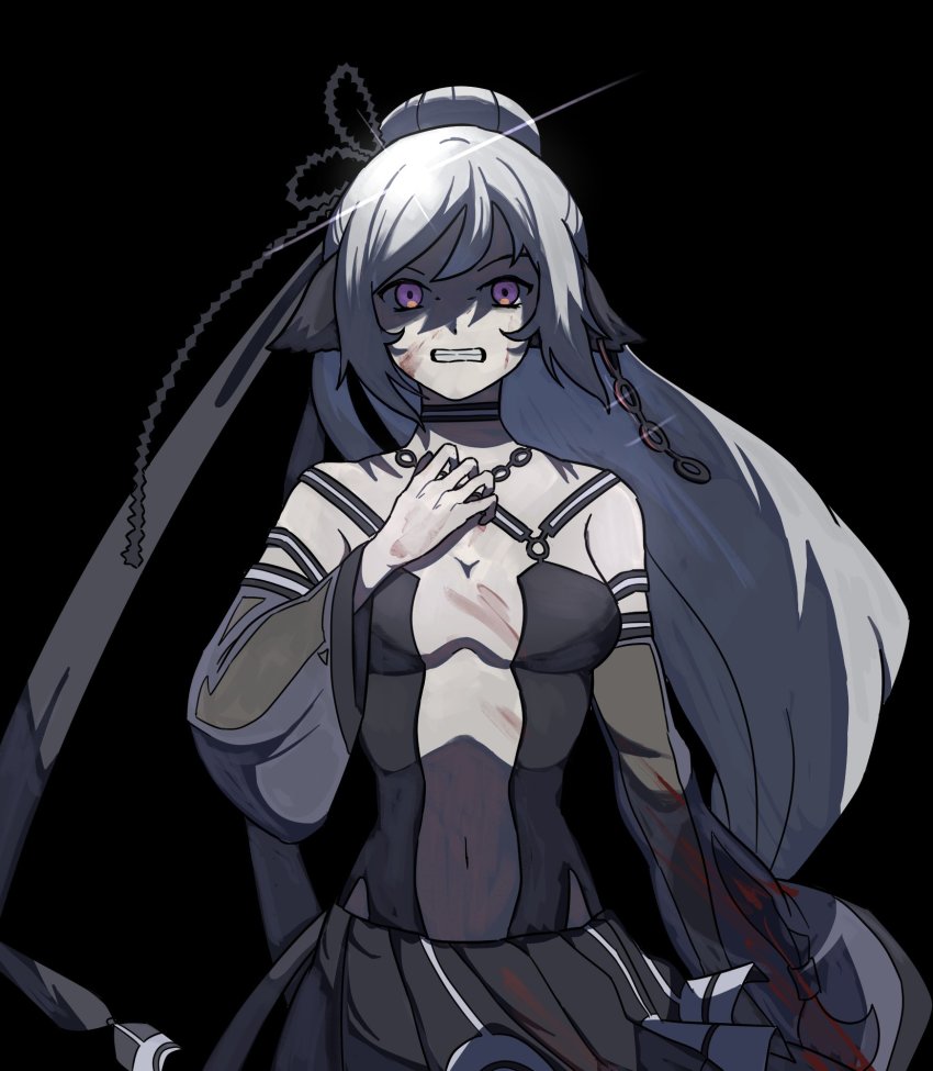 1girl, 8t_if, absurdly_long_hair, ainu_clothes, animal_ears, aquaplus, breasts, chain, choker, cleavage, cleavage_cutout, clenched_teeth, clothing_cutout, earrings, hair_between_eyes, hair_ornament, hand_on_own_chest, high_ponytail, highres, jewelry, kuon_(utawarerumono), kuon_tenshi, long_hair, long_sleeves, looking_at_viewer, medium_breasts, midriff, off_shoulder, ponytail, purple_eyes, rinne, sidelocks, skirt, sleeveless, solo, spoilers, swept_bangs, teeth, upper_body, utawarerumono, utawarerumono:_futari_no_hakuoro, utawarerumono:_lost_flag, very_long_hair, white_hair, wide_sleeves