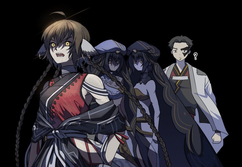 1boy, 3girls, 8t_if, absurdly_long_hair, aged_up, ahoge, ainu_clothes, akuta_(utawarerumono:_lost_flag)