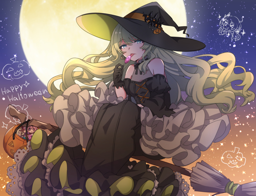 1girl, bare_shoulders, black_dress, broom, broom_riding, candy, character_doll, doll