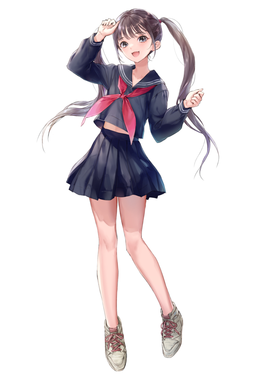 1girl, :d, absurdres, azumi_nanaka, bare_legs, black_eyes, black_hair, blue_reflection_(series), blue_reflection_sun, blue_sailor_collar, blue_serafuku, full_body, hand_up, highres, kishida_mel, long_hair, long_sleeves, midriff, miniskirt, neckerchief, official_art, open_mouth, pleated_skirt, red_neckerchief, sailor_collar, school_uniform, serafuku, shoes, skirt, smile, sneakers, solo, twintails, very_long_hair, white_background, white_shoes