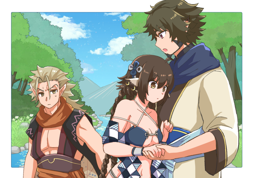 1girl, 2boys, absurdly_long_hair, aged_up, ainu_clothes, animal_ears, anju_(utawarerumono), aquaplus
