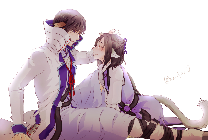 2boys, animal_ears, aquaplus, blush, braid, brown_hair, closed_eyes, coat, crying, full_body, hair_over_shoulder, highres, kamixx0, kneeling, long_sleeves, looking_at_another, medium_hair, multiple_boys, nose, purple_eyes, raiko_(utawarerumono), shichirya, short_hair, signature, sitting, tail, tears, utawarerumono, utawarerumono:_itsuwari_no_kamen