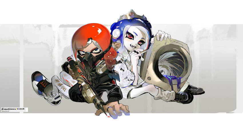 2girls, artist_name, bike_shorts, black_footwear, black_jacket, blue_eyes, blue_gem, blue_hair