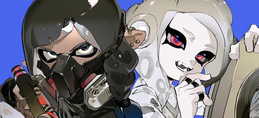 2girls, black_hair, black_jacket, blue_background, blue_eyes, blue_hair, blunt_bangs, braid