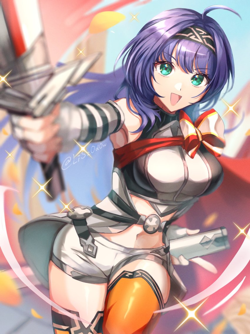 1girl, :d, armband, belt, belt_buckle, blue_eyes, blue_hair, blurry, blurry_background, buckle, cape, detached_sleeves, fingerless_gloves, fire_emblem, fire_emblem:_path_of_radiance, fire_emblem_heroes, foreshortening, gloves, grey_gloves, headband, highres, holding, holding_sheath, holding_sword, holding_weapon, long_hair, looking_at_viewer, mia_(fire_emblem), mia_(resplendent)_(fire_emblem), midriff, navel, nintendo, official_alternate_costume, open_mouth, red_cape, ribbon, sheath, short_shorts, shorts, smile, solo, sparkle, sword, thighhighs, thighs, unsheathed, watermark, weapon, wristband, youhei_choregi