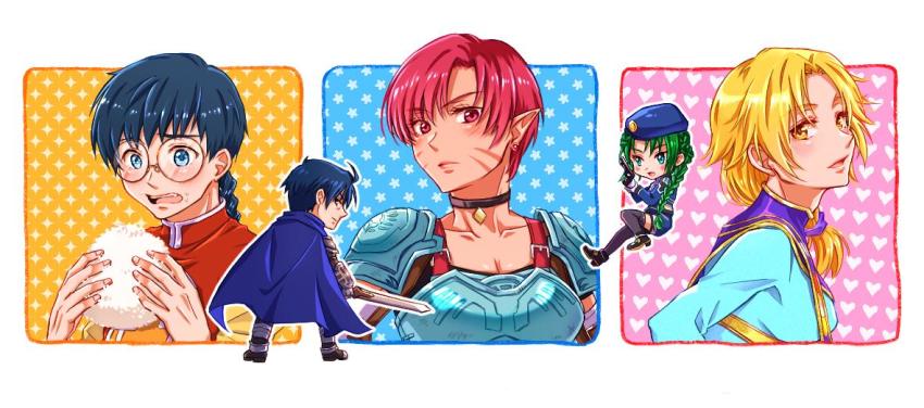 2boys, 3girls, anne_petriceani, blonde_hair, blue_hair, braid, breasts, cape