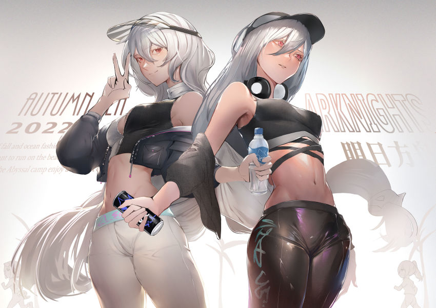 2girls, 2others, absurdres, alternate_costume, arknights, bare_shoulders, black_headwear, black_jacket