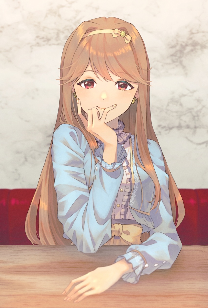1girl, blue_jacket, blurry, blurry_foreground, bow, bow_hairband, brown_hair, buttons