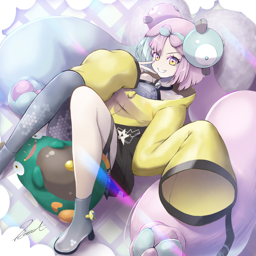 1girl, absurdres, bellibolt, bow-shaped_hair, character_hair_ornament, grey_pantyhose, hair_ornament, hexagon_print, highres, iono_(pokemon), jacket, long_hair, long_sleeves, low-tied_long_hair, nintendo, oversized_clothes, pantyhose, peace7322, pokemon, pokemon_scarlet_and_violet, sharp_teeth, single_leg_pantyhose, sleeves_past_fingers, sleeves_past_wrists, teeth, x_(symbol), yellow_jacket