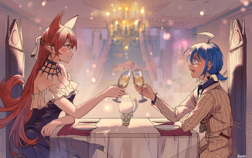 1boy, 1girl, 52huoying, alcohol, alternate_costume, azazel_ameri, bare_shoulders, blue_eyes, blue_hair, blurry, blush, bokeh, breasts, couple, dating, demon_girl, depth_of_field, dress, formal_clothes, hair_horns, half_updo, indoors, large_breasts, long_hair, long_sleeves, low_ponytail, mairimashita!_iruma-kun, off-shoulder_dress, off_shoulder, open_mouth, pointy_ears, ponytail, profile, red_eyes, red_hair, short_ponytail, suit, suzuki_iruma, very_long_hair