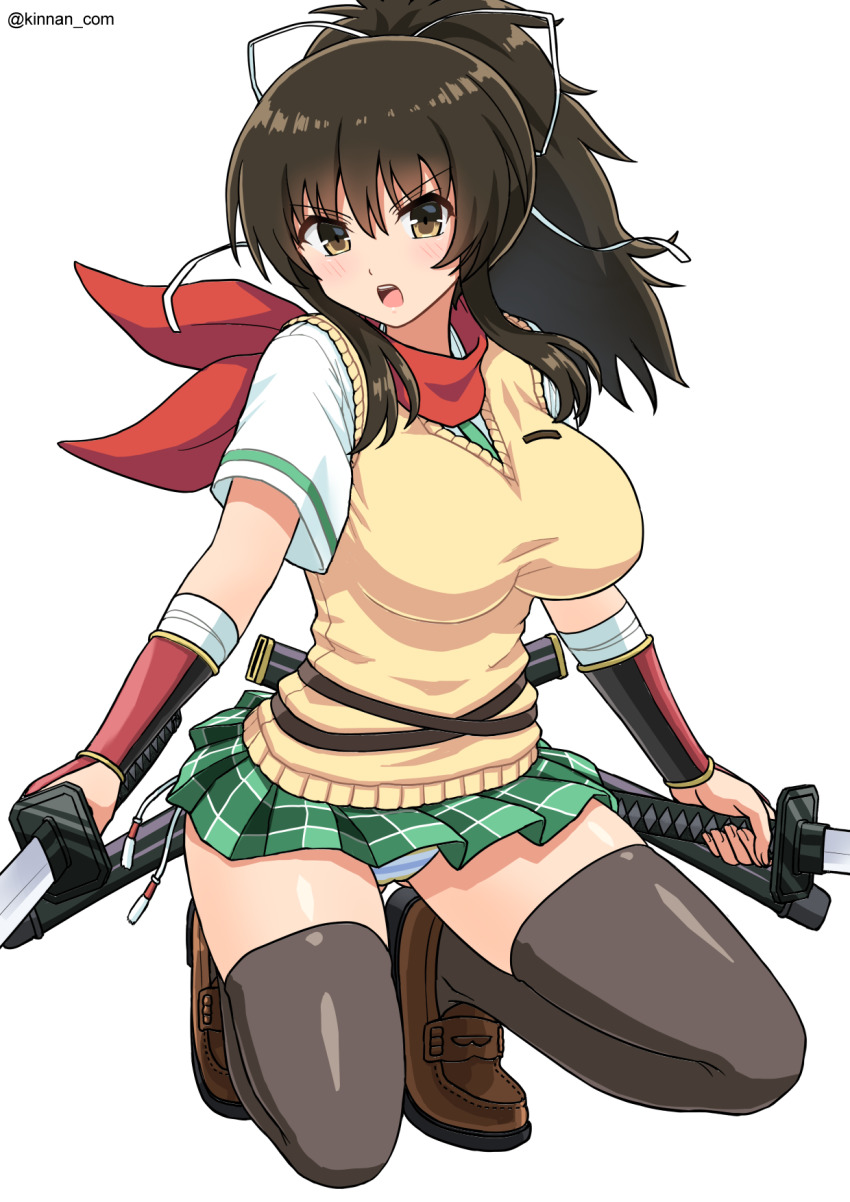 1girl, asuka_(senran_kagura), black_hair, black_thighhighs, breasts, brown_eyes, brown_shoes, dress
