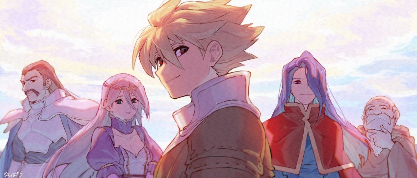 1girl, 4boys, alethea, armor, artist_name, balding, beard, blonde_hair, blue_shirt, breasts, brown_cloak, brown_eyes, brown_hair, cleavage, cloak, cloud, cloudy_sky, detached_collar, dress, facial_hair, green_eyes, hair_between_eyes, hair_over_one_eye, hair_slicked_back, hasshe, high_collar, highres, live_a_live, long_hair, looking_at_viewer, medium_breasts, multiple_boys, mustache, nanpou_(nanpou0021), oersted, old, old_man, outdoors, plate_armor, puffy_short_sleeves, puffy_sleeves, purple_dress, purple_hair, red_cloak, shirt, short_hair, short_sleeves, shoulder_armor, sky, smile, streibough, stroking_beard, thick_eyebrows, tiara, upper_body, uranus_(live_a_live), white_hair