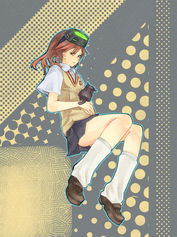 1girl, brown_hair, cat, female_focus, head-mounted_display, inu_(toaru_majutsu_no_index), loose_socks, misaka_imouto