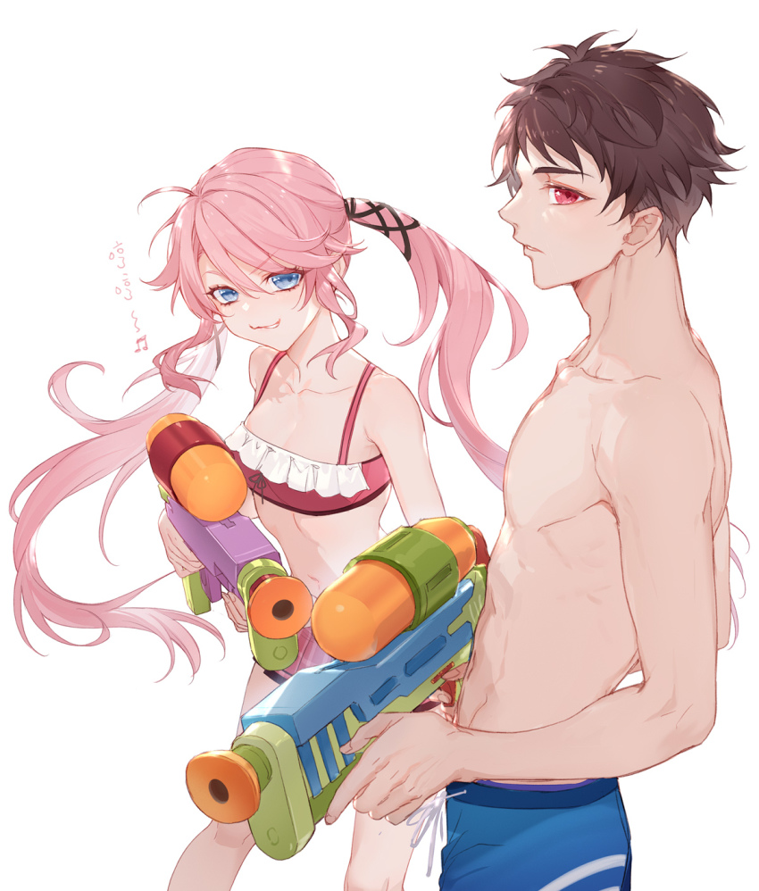 1boy, 1girl, :3, achan_(blue_semi), ahoge, armpit_crease, bikini, blue_eyes