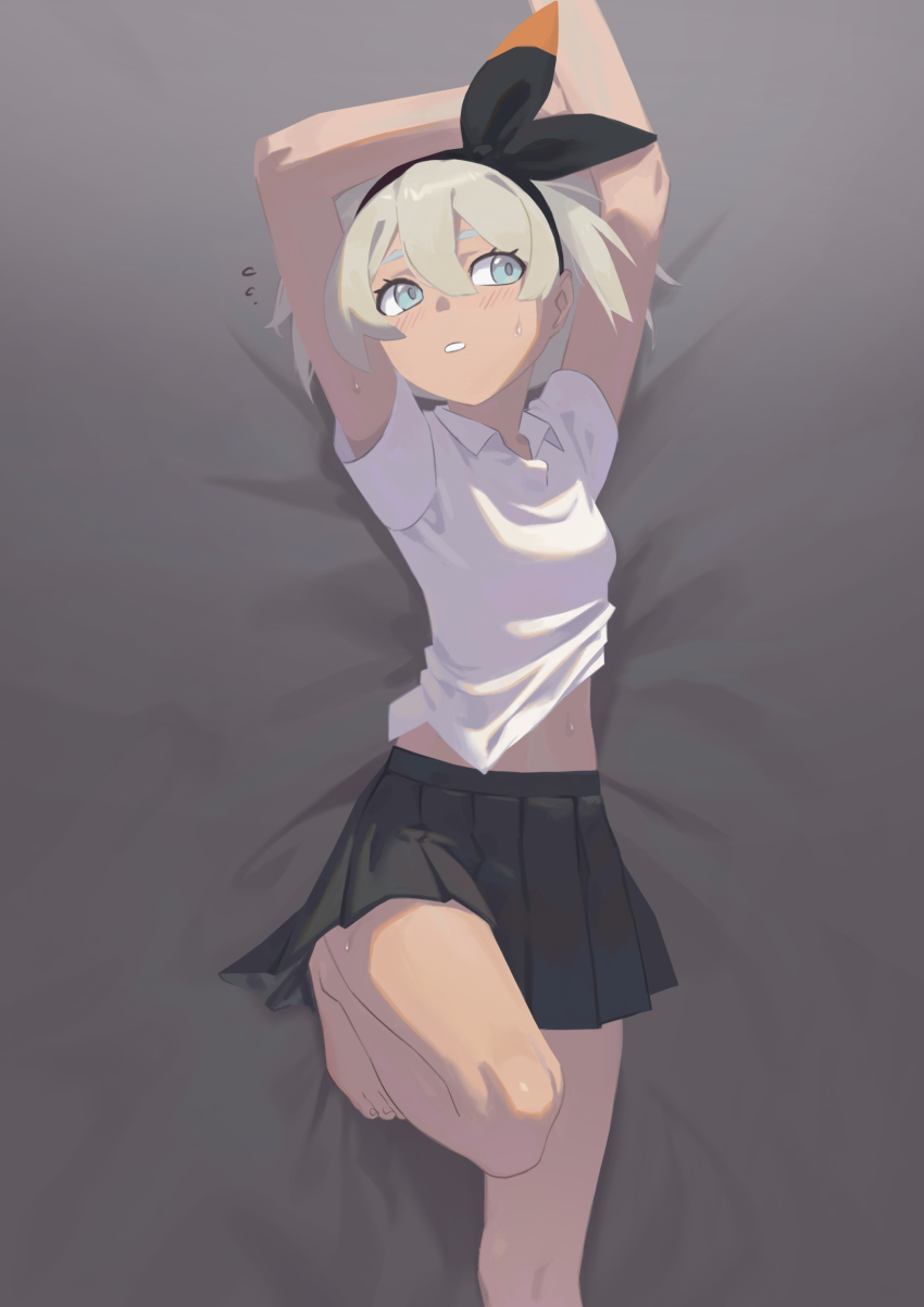 1girl, absurdres, aqua_eyes, arms_up, barefoot, bea_(pokemon), bed_sheet, black_hairband, black_skirt, blonde_hair, blush, bow_hairband, collared_shirt, commentary_request, flying_sweatdrops, hair_between_eyes, hairband, highres, knees, kucheat_zg, lying, nintendo, on_back, parted_lips, pleated_skirt, pokemon, pokemon_sword_and_shield, school_uniform, shirt, short_hair, short_sleeves, skirt, solo, sweat, toes, white_shirt