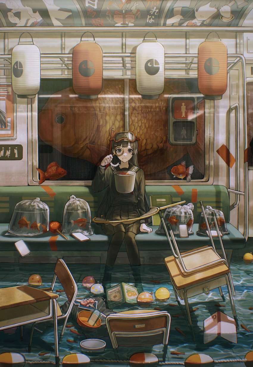 1girl, animal, bag, bagged_fish, black_eyes, black_hair, black_pantyhose, black_shirt