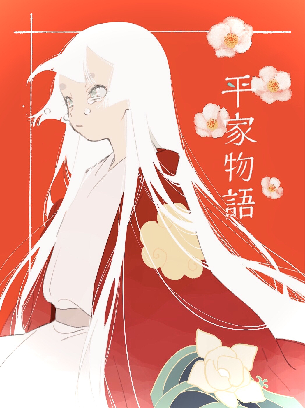 1girl, arms_at_sides, biwa_(heike_monogatari), blunt_bangs, coat, copyright_name, cow, crying