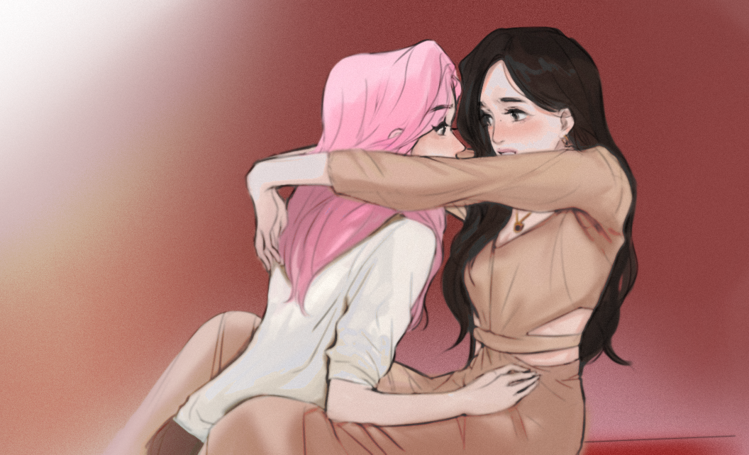 2girls, animification, arms_around_neck, black_hair, blush, breasts, brown_jumpsuit, chaeyoung_(twice)