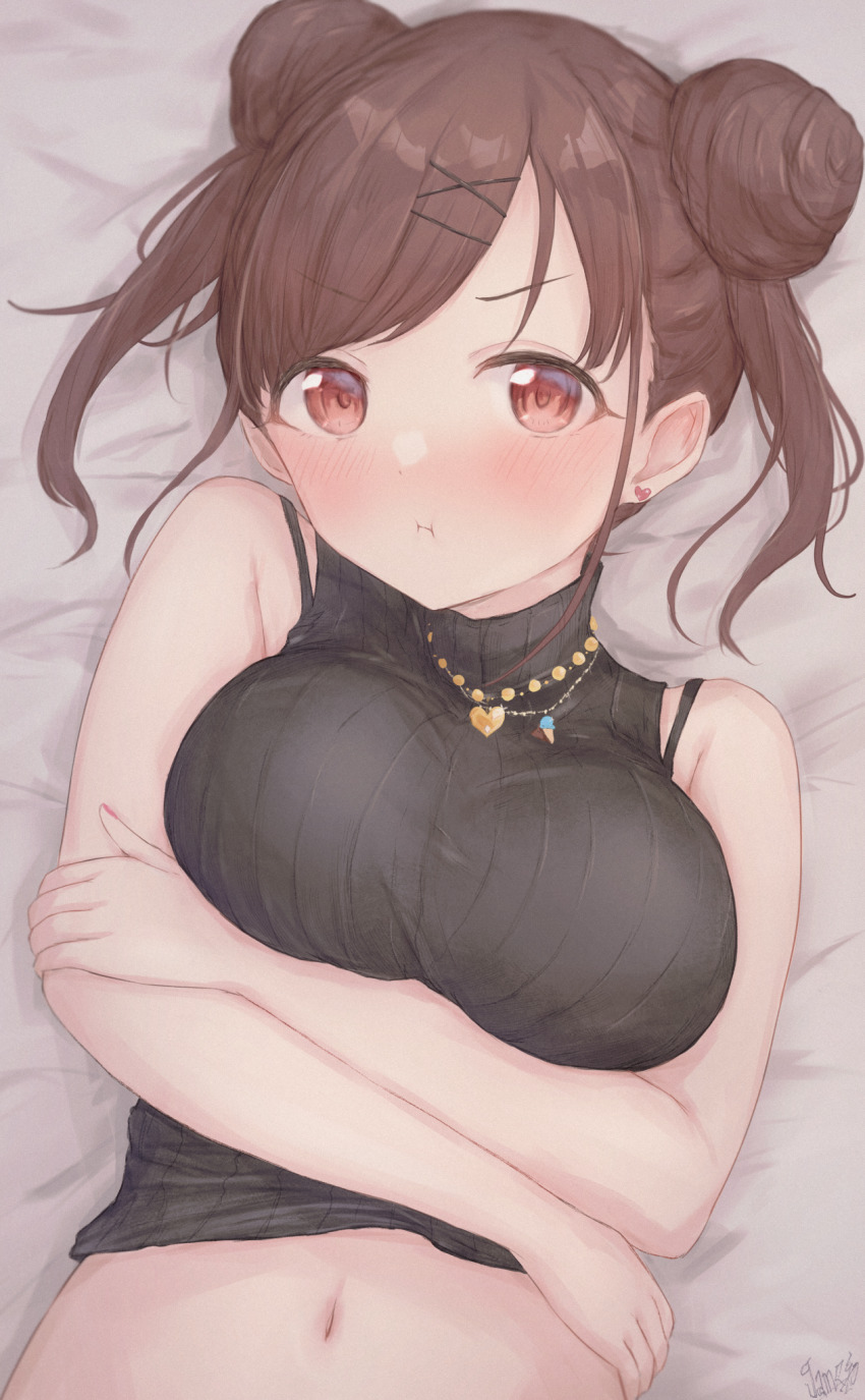:i, arms_under_breasts, bed_sheet, black_bra, black_sweater, blush, bra, breasts